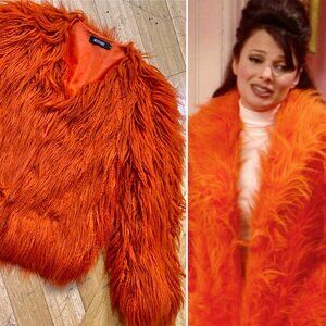 MissGuided faux Mongolian lamb fur shaggy short jacket festival rave orange S